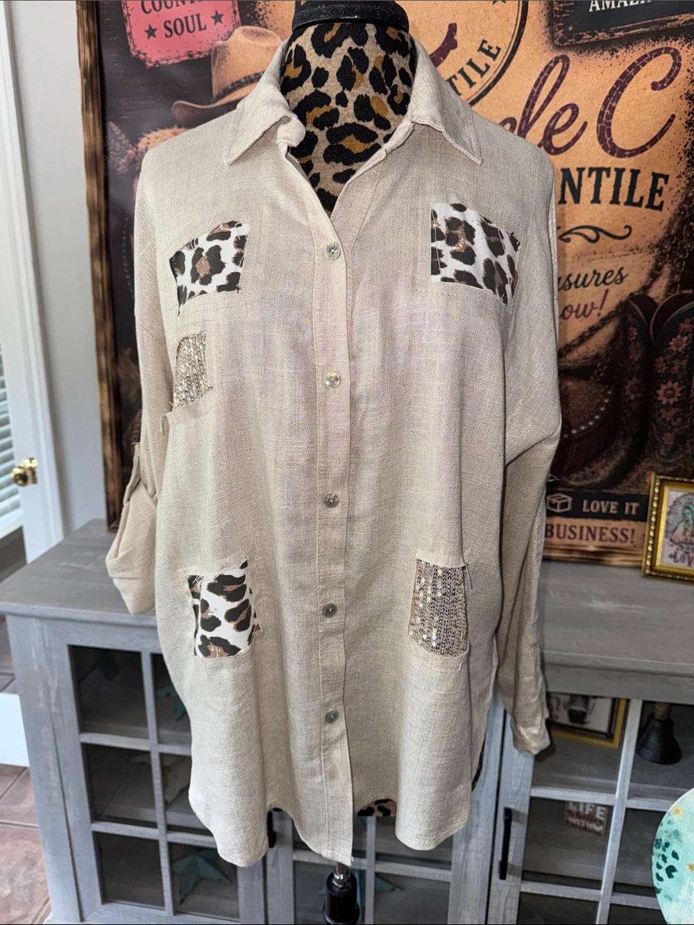 Made In Italy Beige Linen Leopard-Accent Button-Front Women's Shirt Sz L/XL